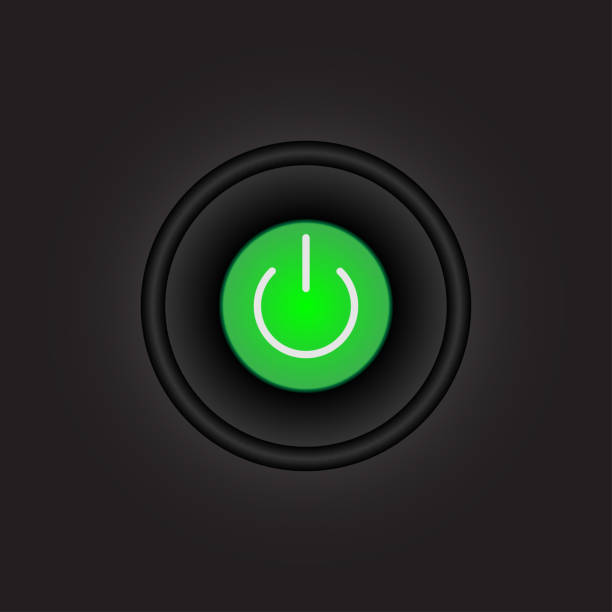 istock On Off Push style power button, The On Off buttons are enclosed in green icon in black background, 1293535125
