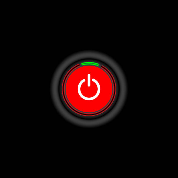 auf off-stil power rot, grün neon-taste, die ein-aus-tasten sind in roten symbol in schwarzem hintergrund, - interface icons push button square shape badge stock-grafiken, -clipart, -cartoons und -symbole