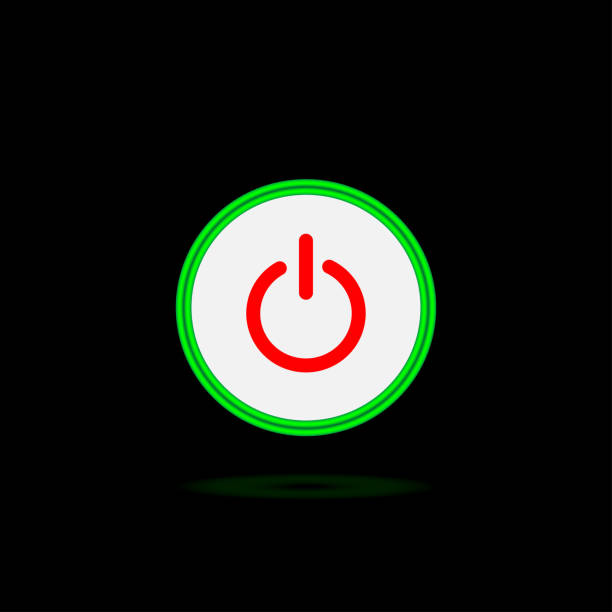 auf off push stil power green neon-taste, die ein-aus-tasten sind in grünes symbol in schwarzem hintergrund, - interface icons push button square shape badge stock-grafiken, -clipart, -cartoons und -symbole