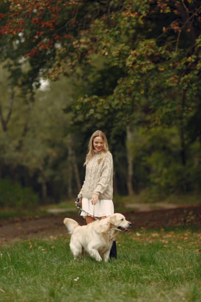 istock Woman walks in autumn forest with a dog 1293535964