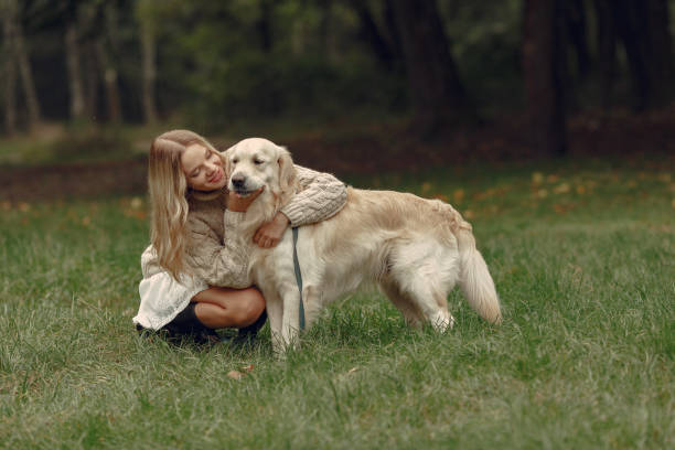 istock Woman walks in autumn forest with a dog 1293536033