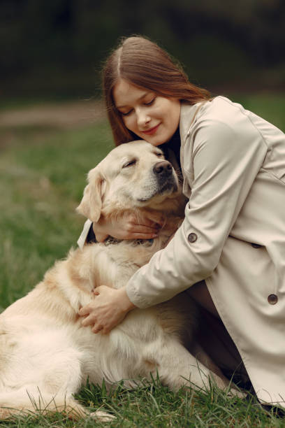 istock Woman walks in autumn forest with a dog 1293536701
