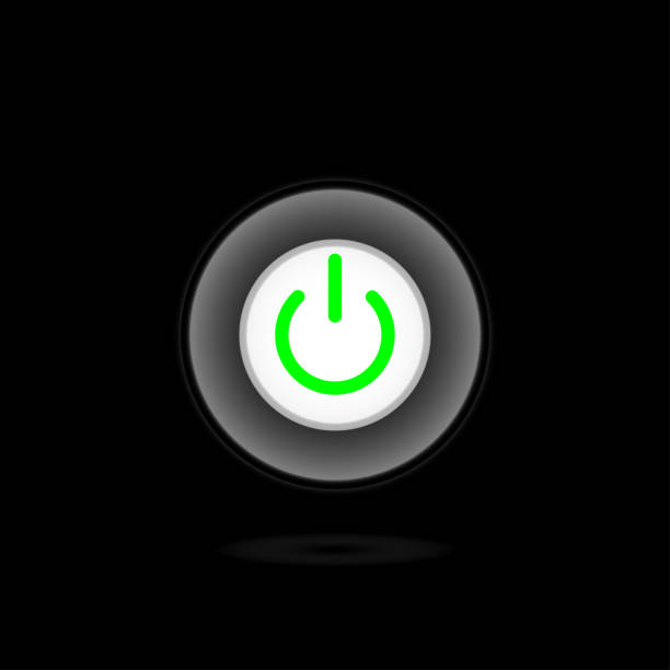 auf off-stil-taste, die ein-aus-tasten sind in grünen symbol in schwarzem hintergrund, - interface icons push button square shape badge stock-grafiken, -clipart, -cartoons und -symbole