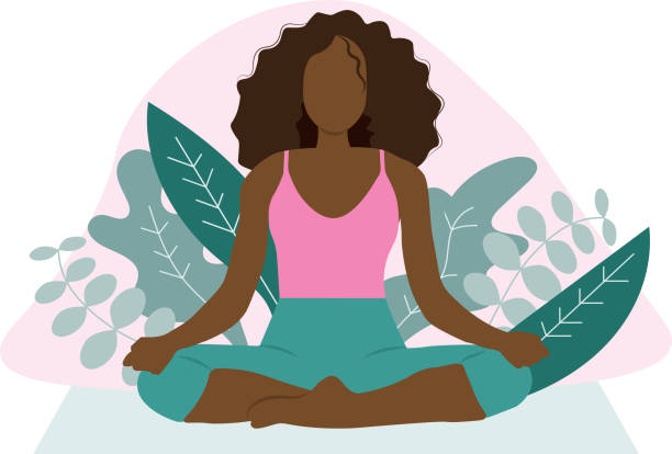 ilustraciones, imágenes clip art, dibujos animados e iconos de stock de mujer haciendo yoga en la naturaleza. concepto de yoga, meditación, relajación. - meditation