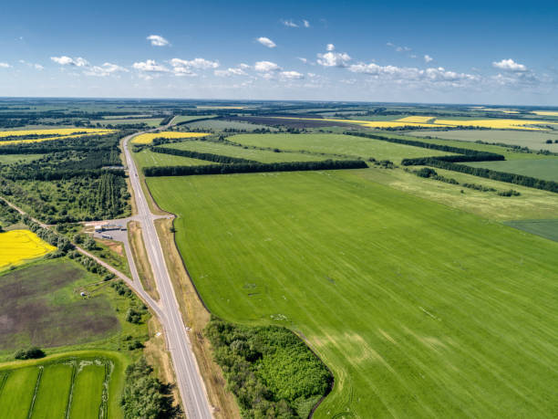 istock The motorway runs through green fields. Aerial view 1293542829