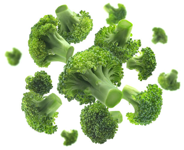 istock Green broccoli levitating on a white background 1293543516