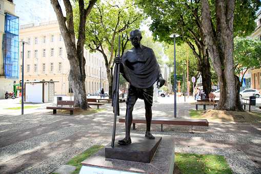 salvador, bahia / brazil - november 28, 2020: sculpture by Mahatma Gandhi is seen in a square in the city of Salvador.