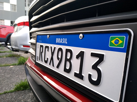 salvador, bahia, brazil - december 27, 2020: vehicle plate in the Mercosur standard is seen in the city of Salvador.\