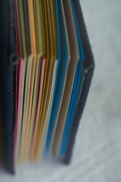 istock Closeup shot recycled color sheets inside a folder. Handmade book 1293549020