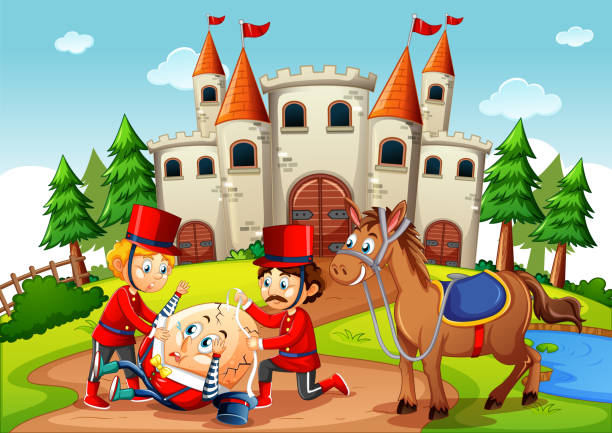 ilustrações de stock, clip art, desenhos animados e ícones de fairytale scene with humpty dumpty egg and soldier royal guard scene - humpty dumpty