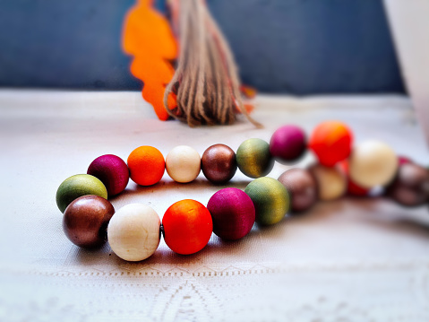 Colorful Wood Bead Necklace. Color image.