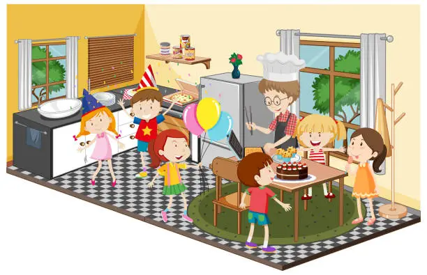 Vector illustration of Children in the kitchen with party theme