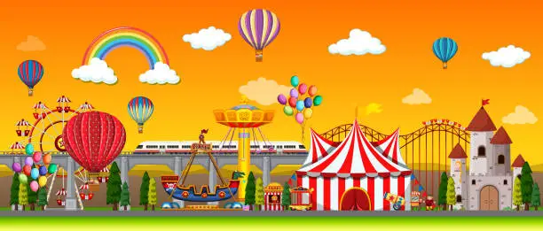 Vector illustration of Amusement park scene at daytime with balloons and rainbow in the sky