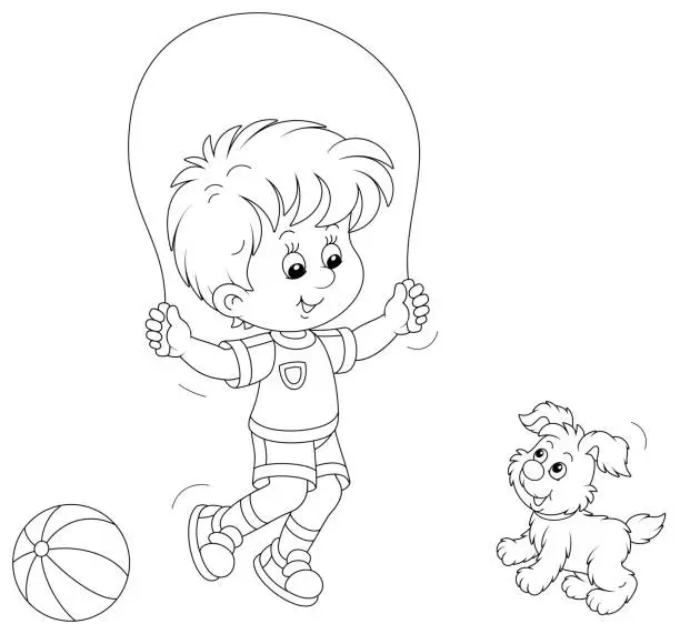 Vector illustration of Little boy jumping rope with a small puppy