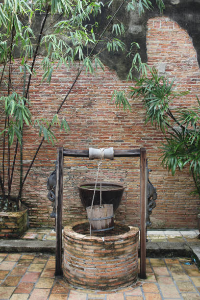 istock Outdoor antique stone artesian aquifer, underground water supply resources 1293555895
