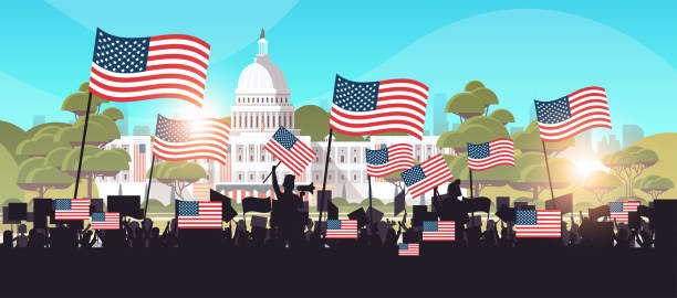 people silhouettes holding placards near white house building USA presidential inauguration day celebration people silhouettes holding placards near white house building USA presidential inauguration day celebration concept cityscape background horizontal vector illustration inauguration day holiday stock illustrations