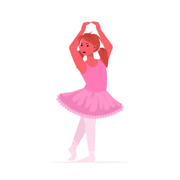 Vector illustration of little girl ballerina dancing in pink dress cute child female cartoon character full length