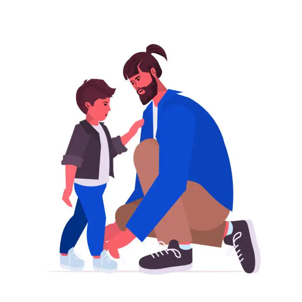 Vector illustration of young father tying the laces on child boots parenting fatherhood concept dad spending time with his kid