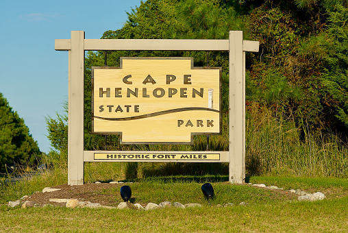 Lewes, Delaware / USA - September 17, 2017: Entrance sign to Cape Henlopen State Park and Historic Fort Miles.