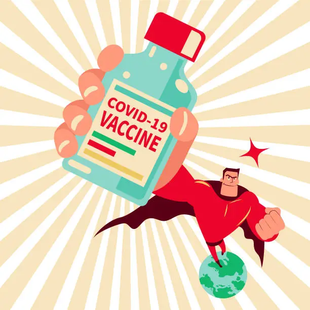 Vector illustration of Superhero (superman) holding a vaccine bottle flying above the earth protecting against coronavirus disease (COVID-19), creating 100 percent antibody on coronavirus
