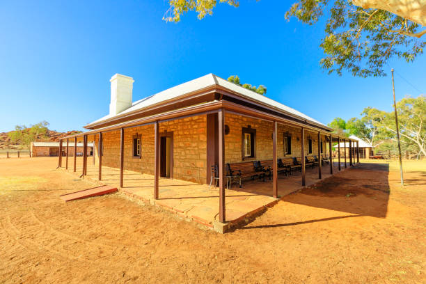 Alice Springs, Northern Territory, Australia - Aug 14, 2019:Buildings of the old telegraph station in Alice Springs town. An historic landmark in Alice Springs, Northern Territory, Central Australia. Outback Red Center desert.