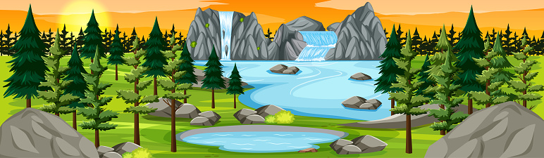 Nature park with waterfall landscape panorama at sunset scene illustration