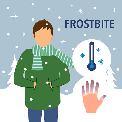 Man suffering from frostbite. Male with frozen hands in winter standing on snow in flat design. Healthcare concept.