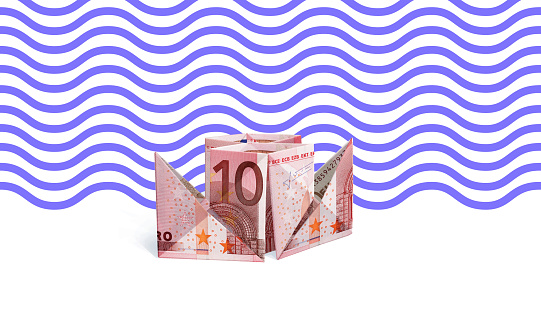 Paper boat from the bills of 10 euros, 3D illustration, on a wave background