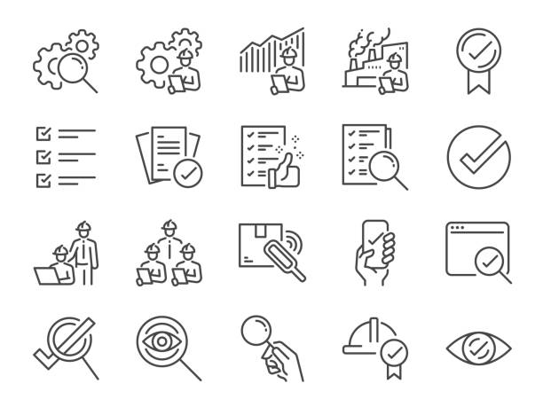 Inspection line icon set. Included the icons as inspect, QA, qualify, quality control, check, verify, and more. Inspection line icon set. Included the icons as inspect, QA, qualify, quality control, check, verify, and more. science and technology icons stock illustrations