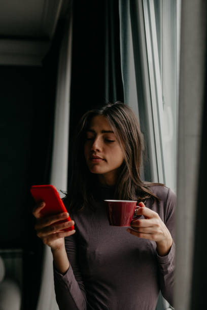 istock Female using a phone next to the window 1293566328