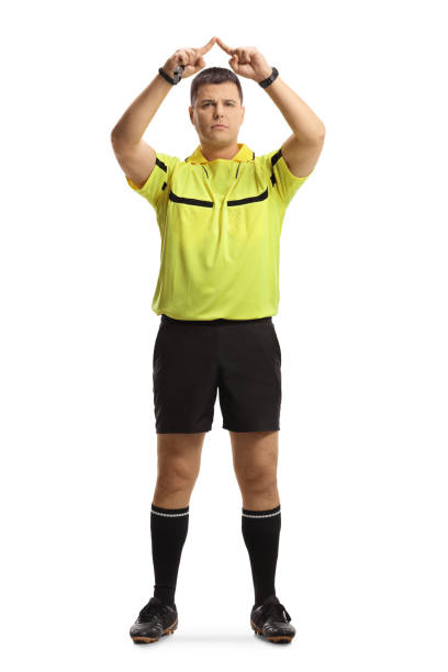 Full length portrait of football referee gesturing a VAR symbol Full length portrait of football referee gesturing a VAR symbol isolated on white background referee stock pictures, royalty-free photos & images
