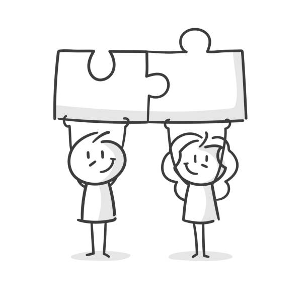 Stickman: Puzzles, Teamwork, Business, Solution (No. 14) Two stick figures hold two matching puzzle pieces in their hands woman doing jigsaw puzzle stock illustrations