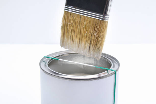 istock A man removes excess paint from a brush in a can on a white background. Renovation 1293572289