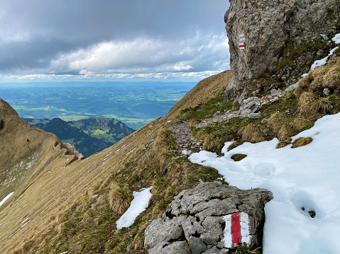 Mountaineering signposts and markings on peaks and slopes of the Pilatus mountain range and in the Emmental Alps, Alpnach - Canton of Obwalden, Switzerland (Kanton Obwald, Schweiz)