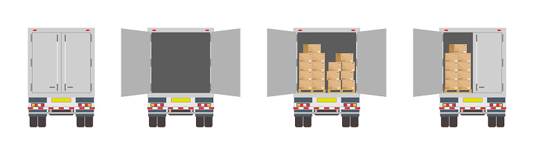 Truck of logistic. Back of delivery van. Open and closed door of container with boxes. Cargo in truck for transportation and export. Car for delivery of good from warehouse. Cartoon lorry rear. Vector