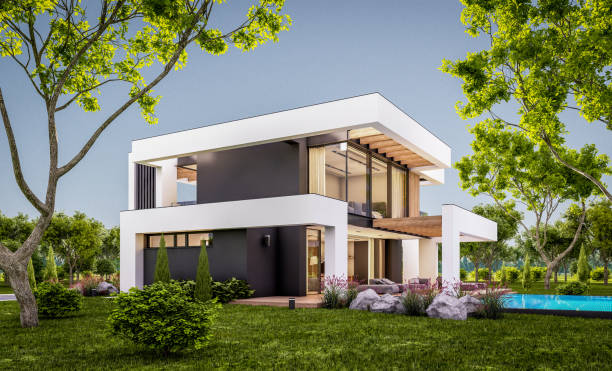 istock 3d rendering of modern house in luxurious style in evening 1293579705