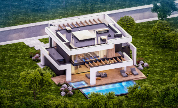 istock 3d rendering of modern house in luxurious style in evening 1293579707