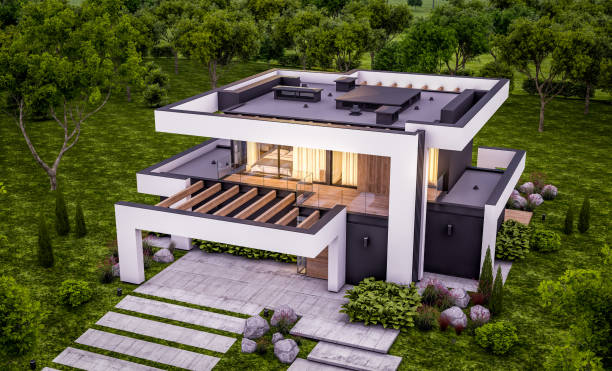 istock 3d rendering of modern house in luxurious style in evening 1293579726