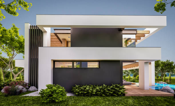 istock 3d rendering of modern house in luxurious style in evening 1293579774