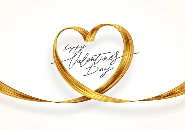 Vector illustration of Golden paint brush stroke in the shape of heart. Valentines day greeting card with golden ribbon. Vector illustration. Love symbol - golden heart.