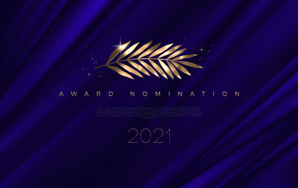 Award nomination - design template. Golden branch on a deep blue cloth background. Award sign with golden leaves. Vector illustration. Award nomination - design template. Golden branch on a deep blue cloth background. Award sign with golden leaves. Vector illustration. curtain illustrations stock illustrations