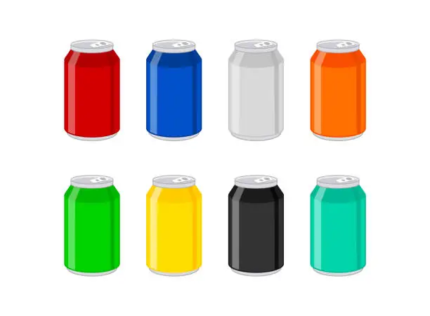 Vector illustration of Soda cans set. Soda drinks collection in colorful aluminum containers.