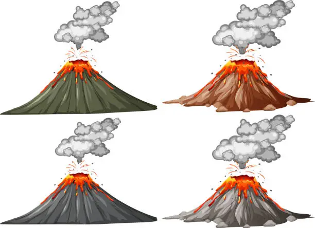 Vector illustration of Four types of volcano eruption isolated on white background
