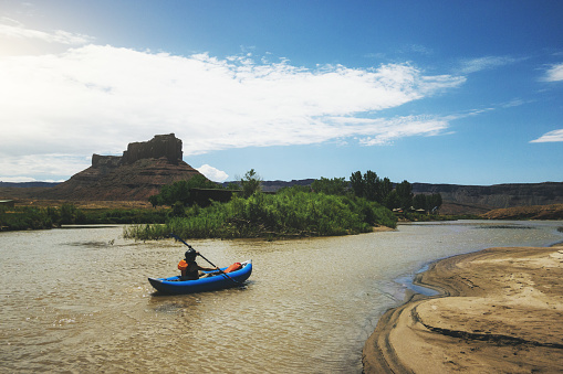 Summer travel in the Southwest USA: POV rafting with kayak in Colorado river