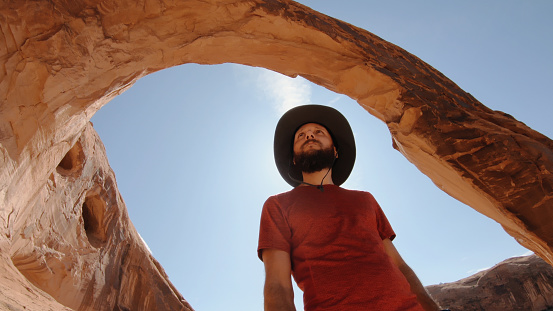 Man selfie in the great Southwest USA,  under Corona arch