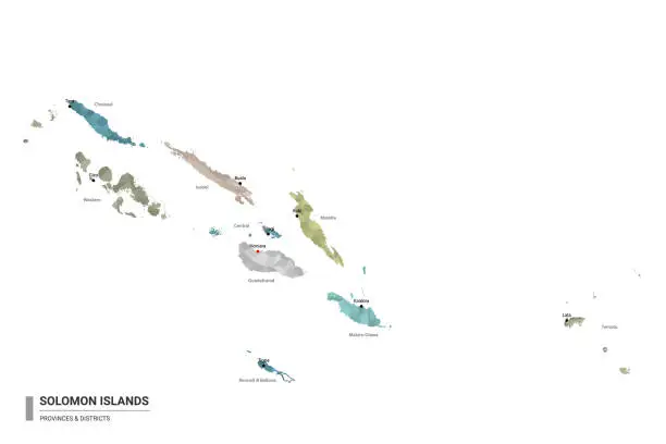 Vector illustration of Solomon Islands higt detailed map with subdivisions. Administrative map of Solomon Islands with districts and cities name, colored by states and administrative districts. Vector illustration.