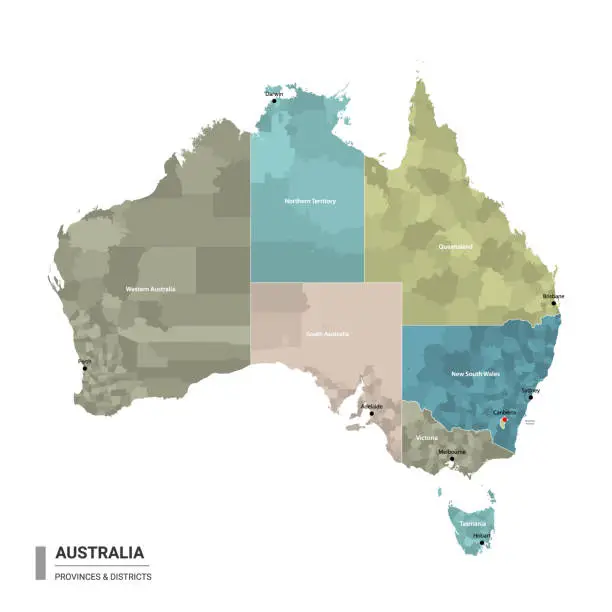 Vector illustration of Australia higt detailed map with subdivisions. Administrative map of Australia with districts and cities name, colored by states and administrative districts. Vector illustration.