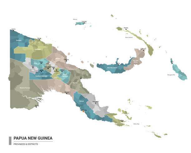 папуа-новая гвинея higt подробную карту с подразделениями. административная карта папуа-новой гвинеи с названиями районов и городов, окрашен - south highlands stock illustrations