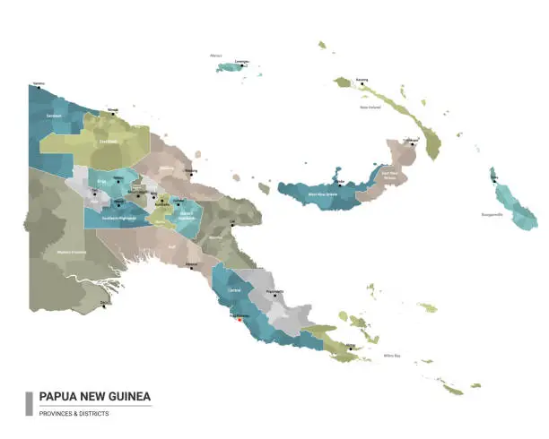 Vector illustration of Papua New Guinea higt detailed map with subdivisions. Administrative map of Papua New Guinea with districts and cities name, colored by states and administrative districts. Vector illustration.