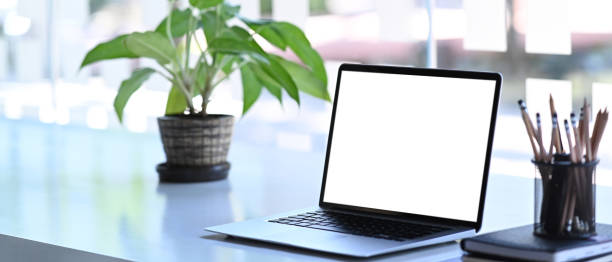 istock Creative workspace with laptop computer, pot plant, stationery and notebook on white desk. Blank screen for graphics display montage. 1293592321